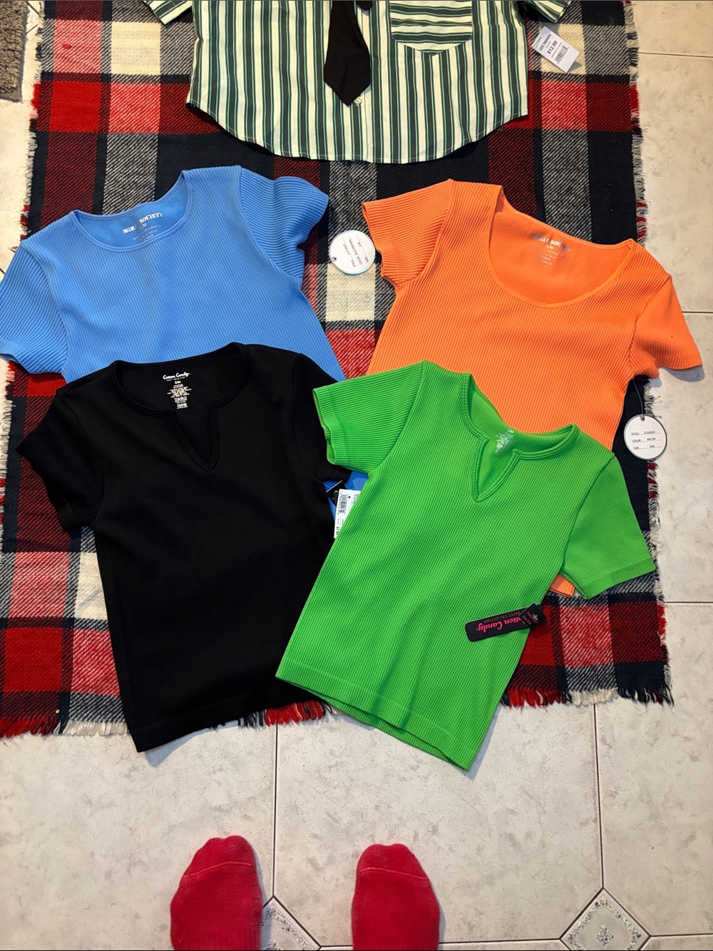 Girl's Short Sleeve Ribbed Tee - Green, Blue, Orange, Black - (RL)